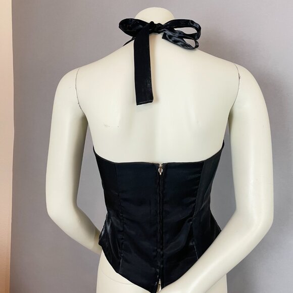 Vintage 90s Prom Halter Top‎ Beads Tie Black Zip-Up Flaws Princess Sleeveless - Picture 3 of 12